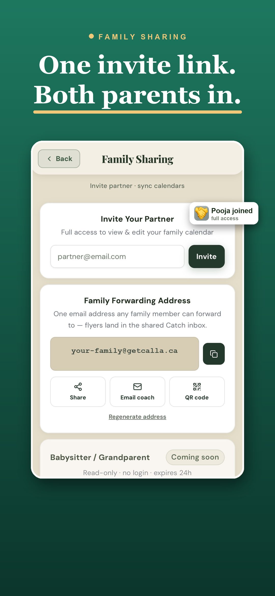 One shared calendar — invite a co-parent, both see everything instantly
