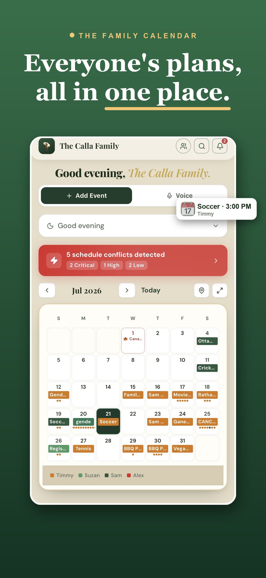 Your family calendar — today's events, tomorrow's previews, reminders that fire