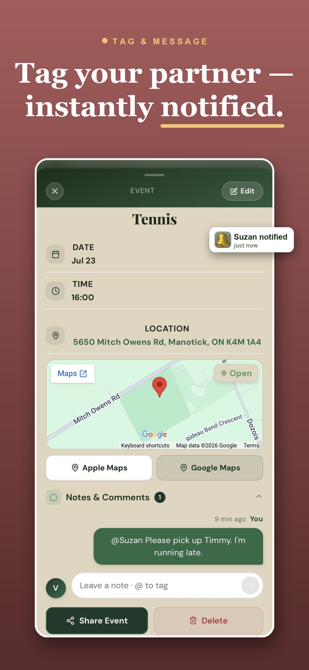 Tag your partner on an event and they're notified instantly