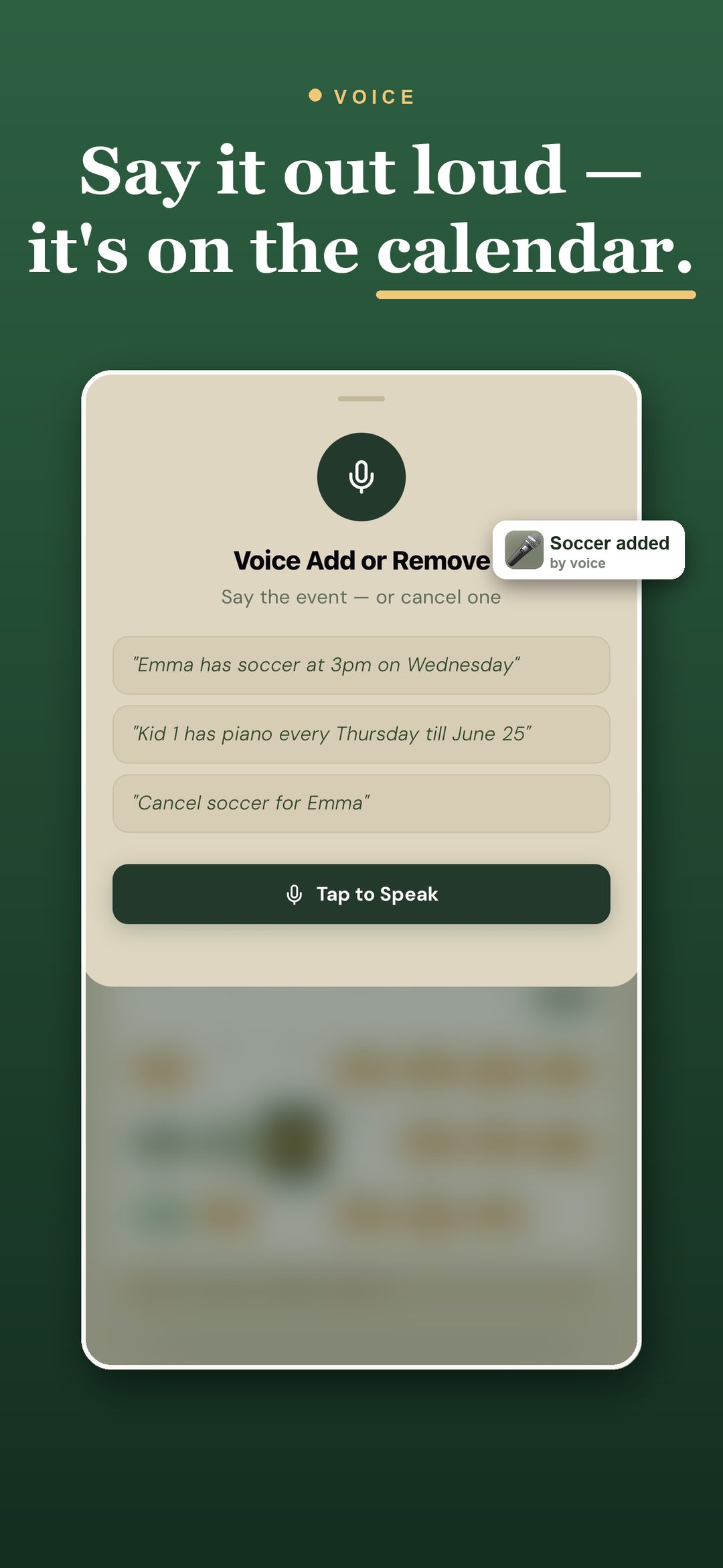 Tap the mic, say the event out loud, and Calla schedules it